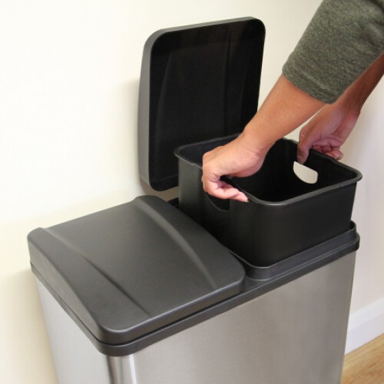 (Silver) Large Double Foot Pedal Trash Bin 60L Dual Waste Recycling Bin